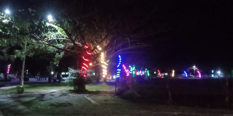 Disperkimtan Pasang Lampu Warna-warni, Kawasan RTH Pagatan Jadi Lebih Indah